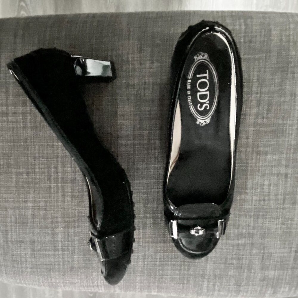 Tod's Vint. Black Suede Patent Leather Heeled Loafers Pumps Shoes 37,5 EU 7,5 US